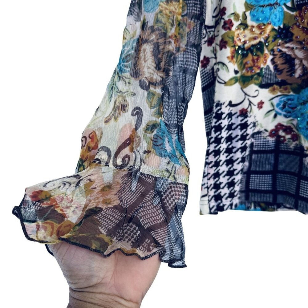 Paola Poggi Italy Womens Patchwork Floral Houndstooth Mesh Top Ruffle Sleeves 34 - Picture 4 of 7
